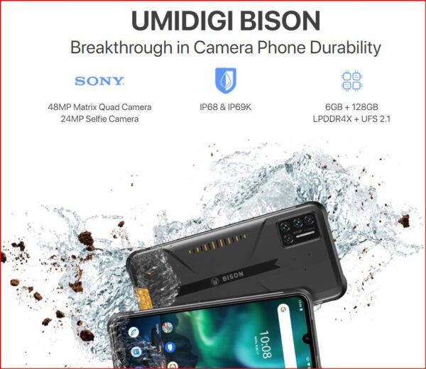 Vandeniui atsparus išmanusis telefonas su gera kamera Bison Pro 6.3'' 5000mAh 128GB NFC 48MP kompasas