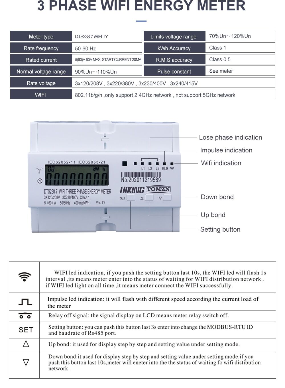 Вимірювач енергоспоживання Wi-Fi 380В з додатком Tuya Smartlife € 109,71