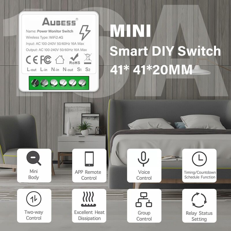 1-phase switch power monitor mini timer wifi Tuya Aubess 220V 16A € 10,87