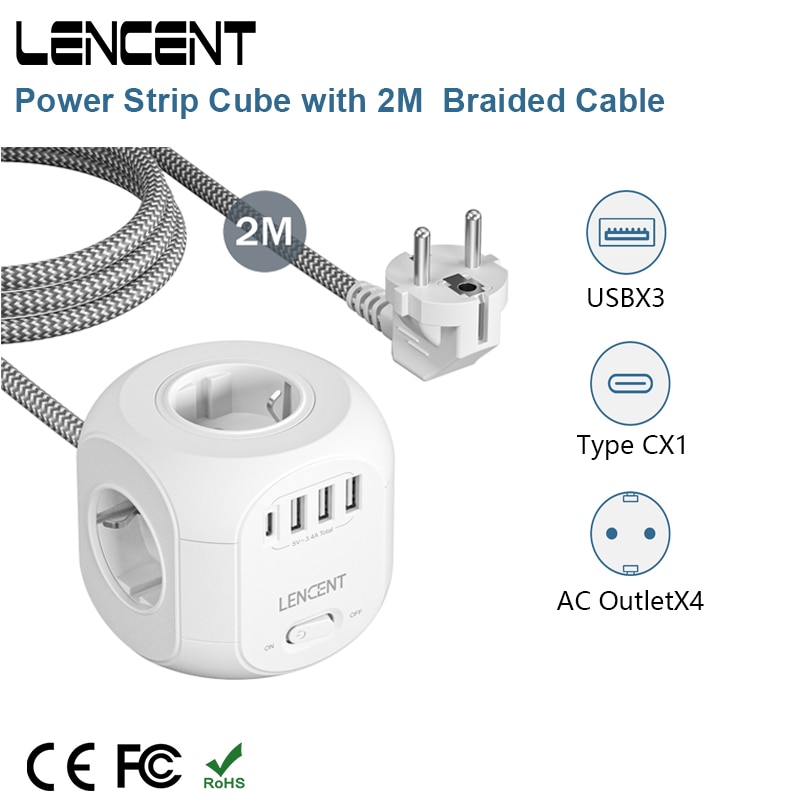 220v usb power cable adapter 2m cube 4AC 3USB 1USB C Lencent € 47,87