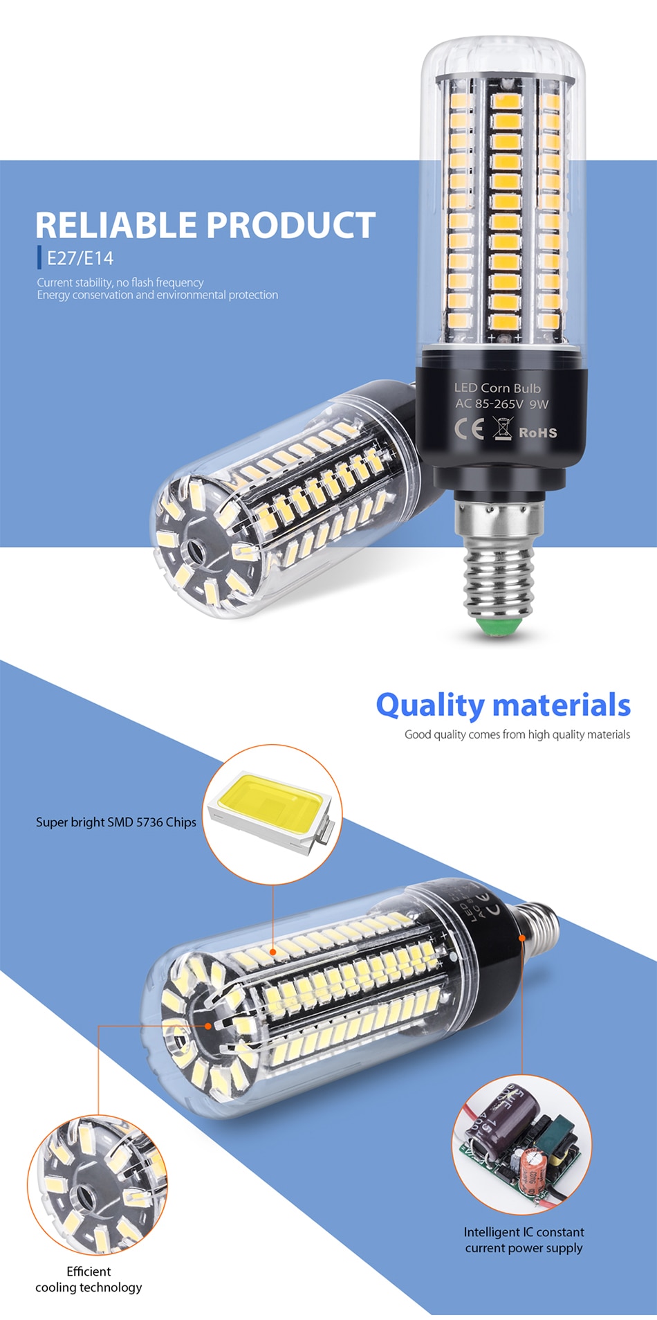 220V quality LED corn bulb E14 E27 3.5W 5W 7W 9W 12W 15W 20W no flicker € 4,78