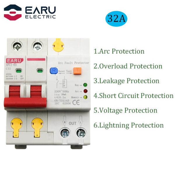 AFCI arc fault protector 32A 2P overload earth leakage short circuit voltage lightning protector