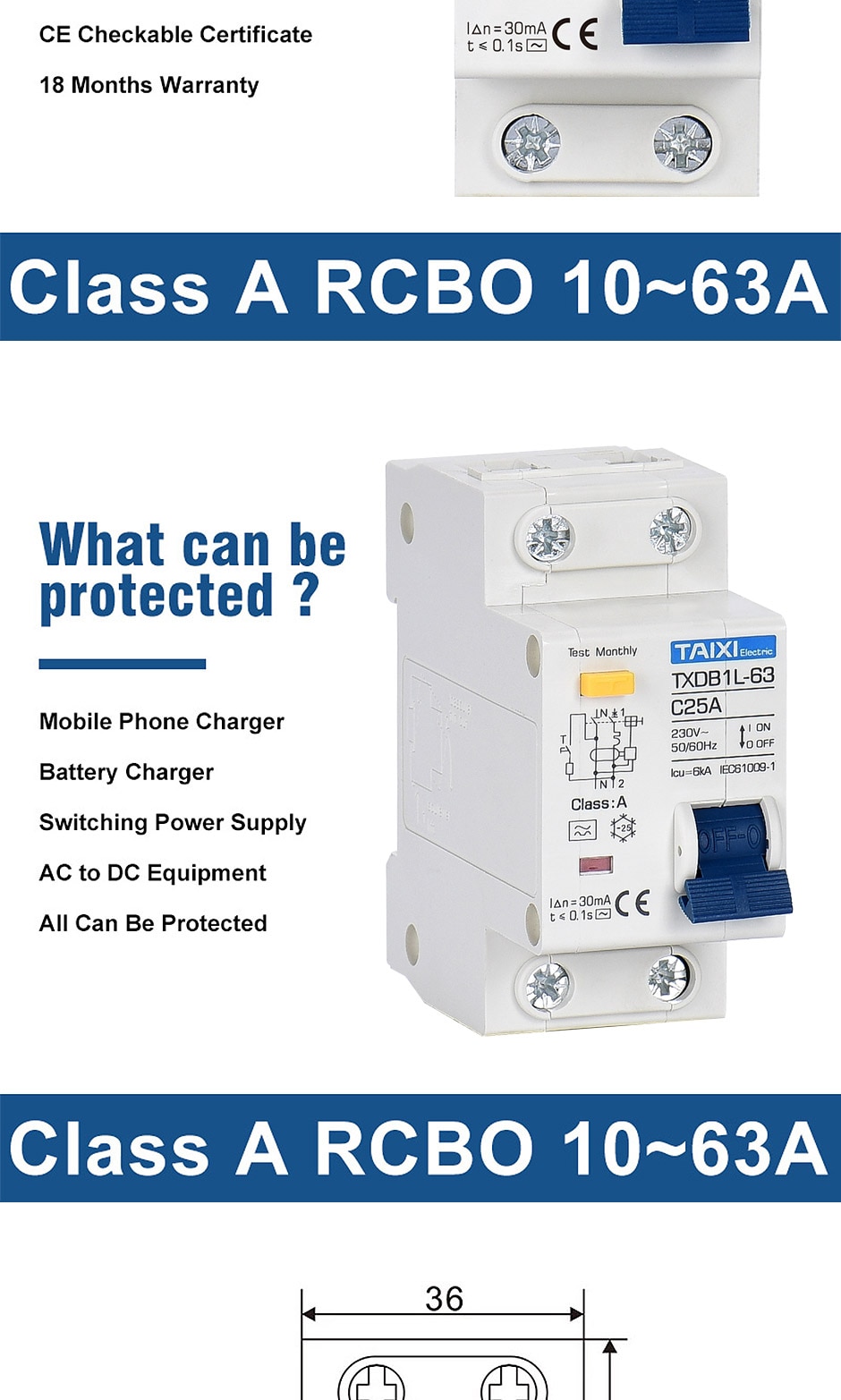 RCBO residual current circuit breaker for DIN 35mm Taixi € 15,52