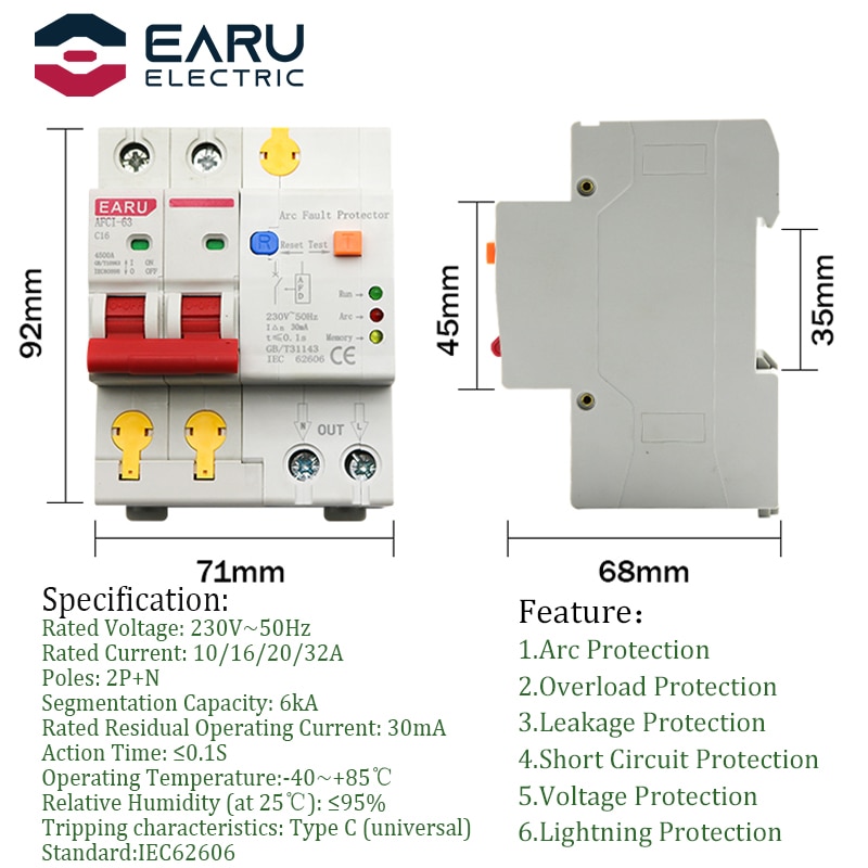 220V 2P AFDD AFCI arc fault protector circuit breaker overload earth leakage voltage € 126,70