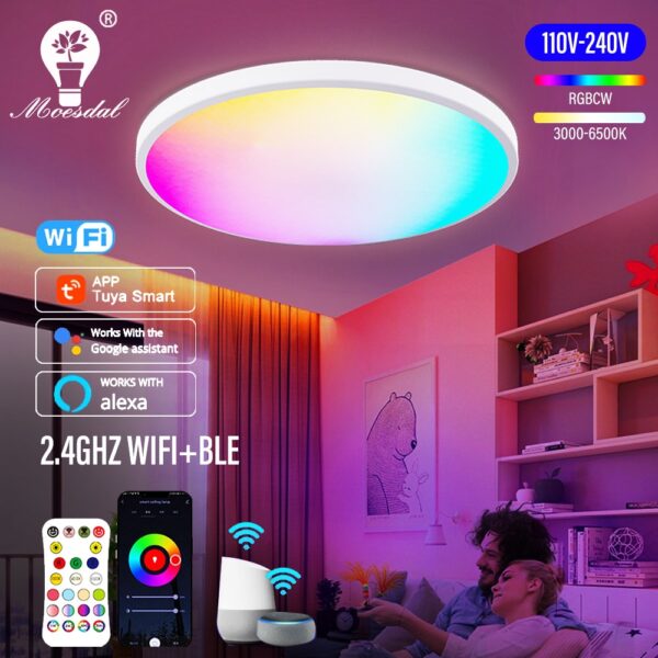 Потолочный светильник Wi-Fi RGBCW с регулируемой яркостью с помощью приложения Tuya или пульта дистанционного управления для спальни, гостиной