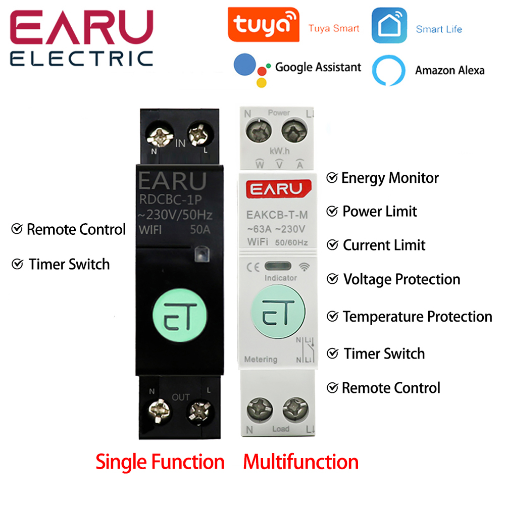 Tuya wifi smart circuit breaker with power metering 1P 1-63A din rail SmartLife app € 34,00