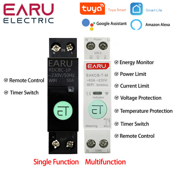 Tuya wifi smart circuit breaker with power metering 1P 1-63A din rail SmartLife app