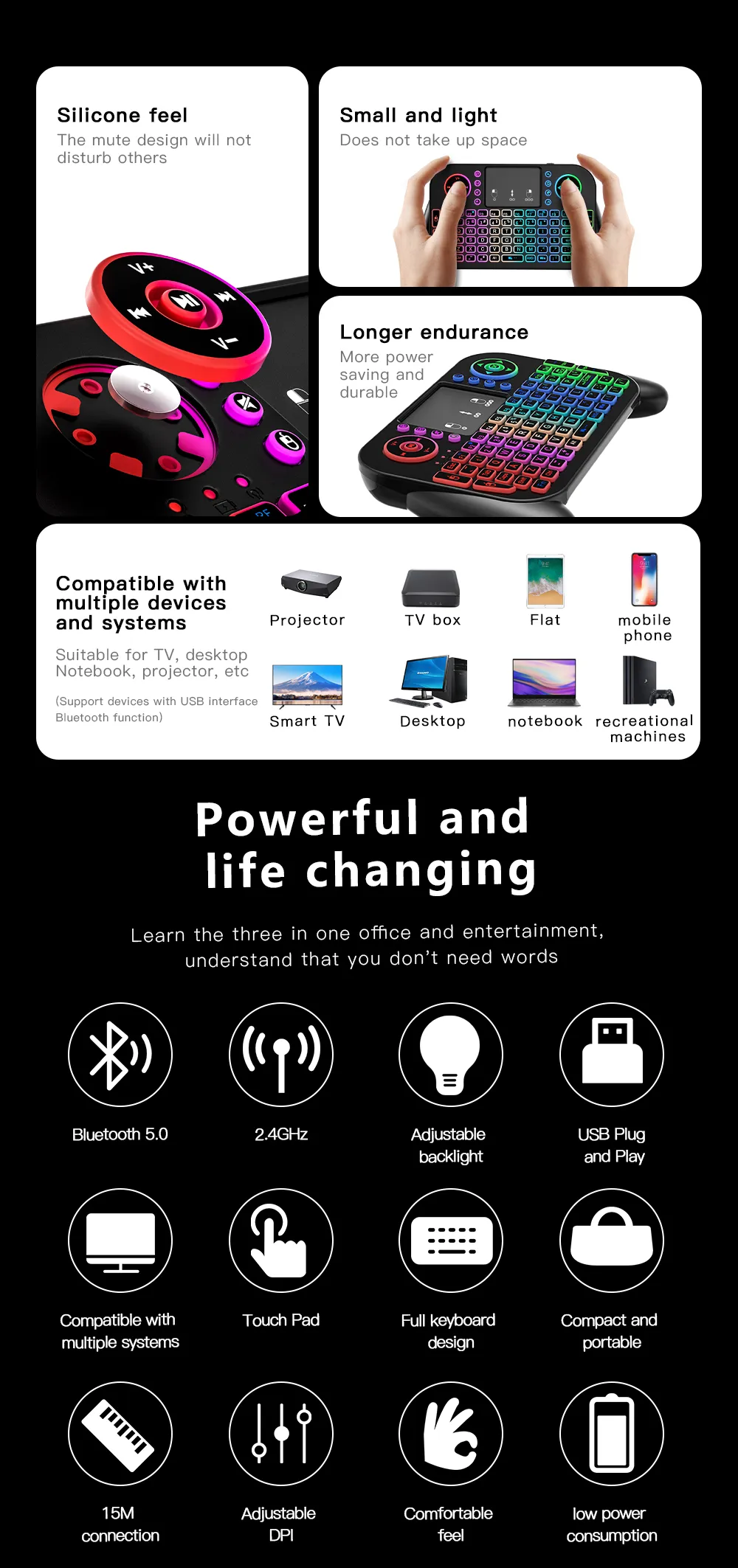 Mini belaidė klaviatūra su jutikliniu kilimėliu, skirta telefonui, tv dėžutei, planšetiniam kompiuteriui su USB imtuvu, "Bluetooth" ir apšvietimu € 17,07