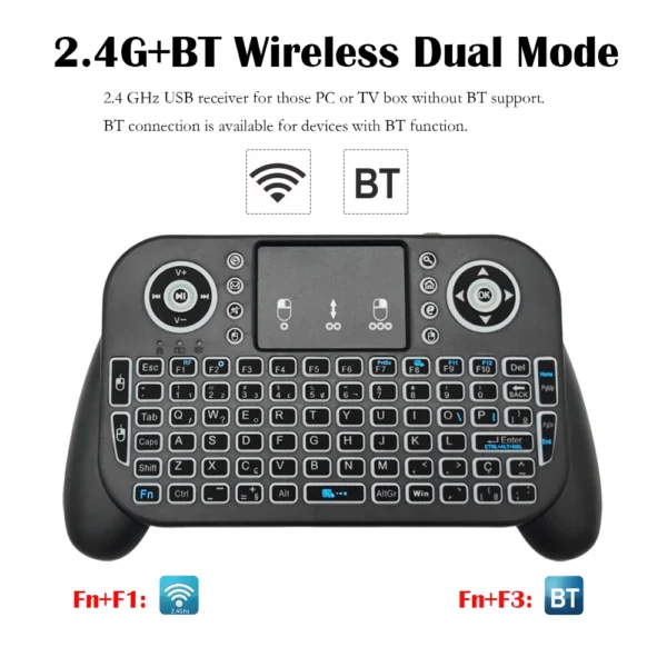 Mini belaidė klaviatūra su jutikliniu kilimėliu, skirta telefonui, tv dėžutei, planšetiniam kompiuteriui su USB imtuvu, "Bluetooth" ir apšvietimu € 17,07