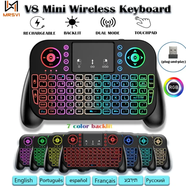 Mini belaidė klaviatūra su jutikliniu kilimėliu, skirta telefonui, televizoriui, planšetiniam kompiuteriui su USB imtuvu, "Bluetooth" ir apšvietimu