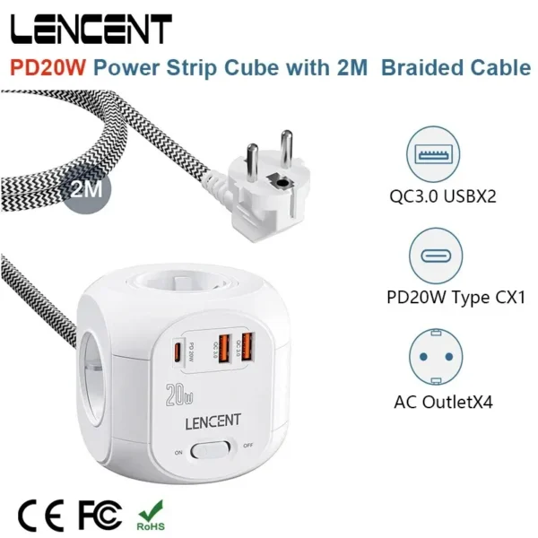 Lencent eu extension cable usb cube 4ac+2qc3. 0usb+1type-c pd switch