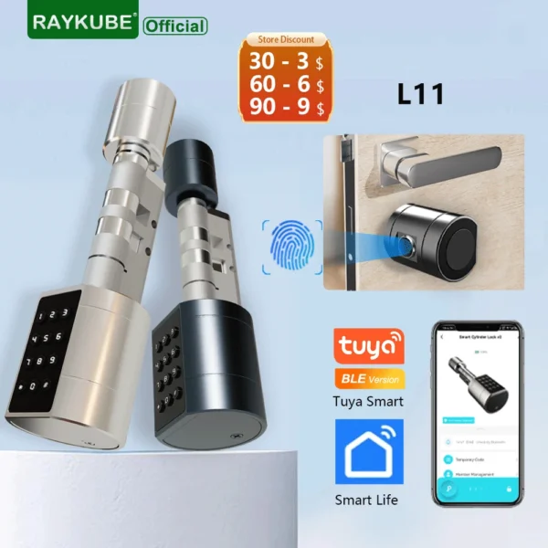 Raykube l11 tuya smart cylinder door lock with keypad and fingerprint