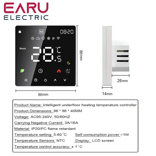 Earueletric tuya wifi termostatas šildymo sistemoms, suderinamas su "alexa" / "Google Home