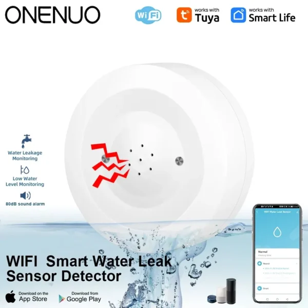 Tll* onenuo tuya wifi water leak sensor: flood leakage detector with sound alarm