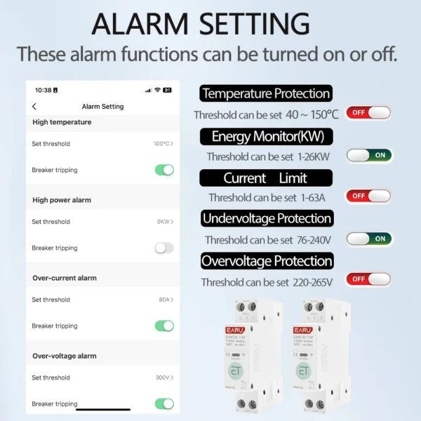 Image alt: kf s6c982f67f0084fdb9d126c0e608849e3e tuya wifi smart circuit breaker mcb 1p n 63a timer power energy kwh voltage current meter