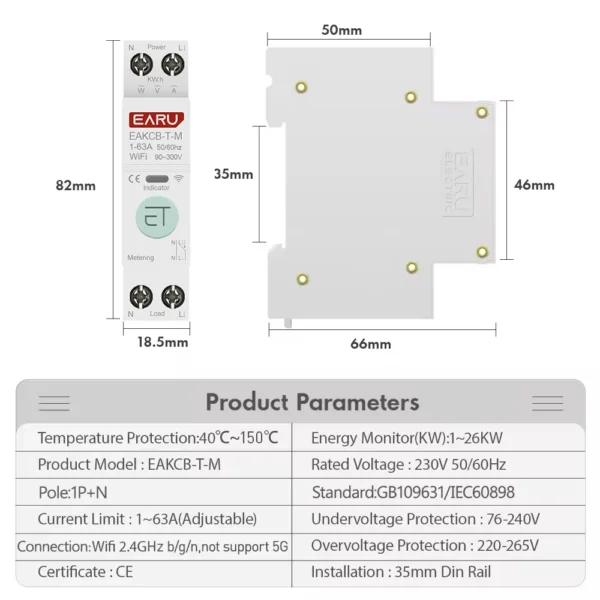 Image alt: kf s74721ea04d99433a9c3ef4c7bd7a355ex tuya wifi smart circuit breaker mcb 1p n 63a timer power energy kwh voltage current meter